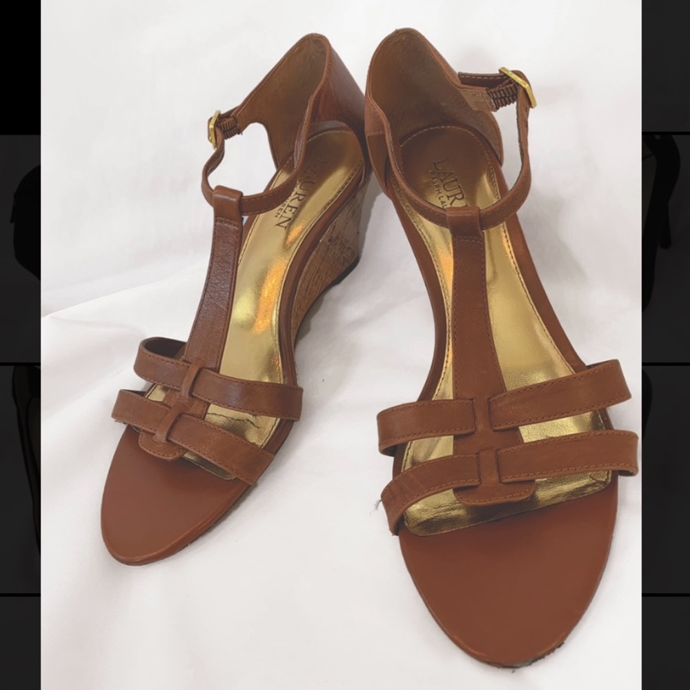 Brown Leather Ralph Lauren Wedge Sandals